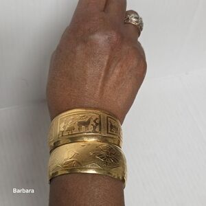 2 Piece Gold-tone Engraved Egyptian/Mayan Motifs Half Cuff Bracelets